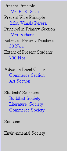 Text Box: Present Principle
&nbsp;&nbsp;&nbsp;&nbsp; Mr. H. R. Silva
Present Vice Principle
&nbsp;&nbsp;&nbsp;&nbsp; Mrs. Vimala Perera
Principal in Primary Section
&nbsp;&nbsp;&nbsp;&nbsp; Mrs. Vithana
Extent of Present Teachers
&nbsp;&nbsp;&nbsp; 30 Nos.
Extent of Present Students
&nbsp;&nbsp;&nbsp; 700 Nos.
&nbsp;
Advance Level Classes
&nbsp;&nbsp;&nbsp; Commerce Section
&nbsp;&nbsp;&nbsp; Art Section
&nbsp;
Students' Societies
&nbsp;&nbsp; &nbsp;Buddhist Society
&nbsp;&nbsp;&nbsp; Literature&nbsp; Society
&nbsp;&nbsp;&nbsp; Commerce Society
&nbsp;
Scouting
Environmental Society 
&nbsp;
